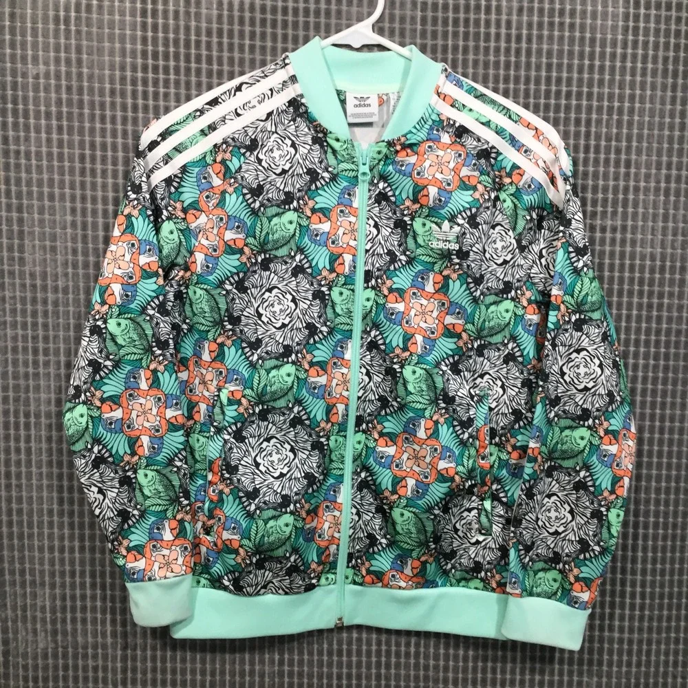 Adidas Originals Girls Track Jacket Zebra Fish Print Mint Green Size M 12